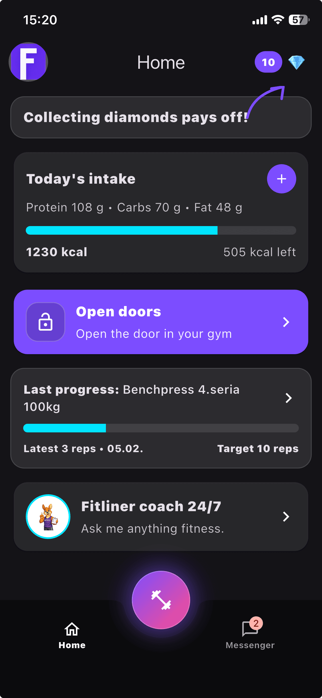 Pantalla real de la app Fitliner
